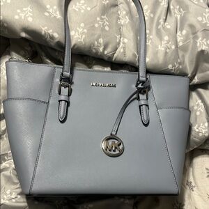 Michael Kors Charlotte Blue Tote Bag with Textured Leather and Silver Accents